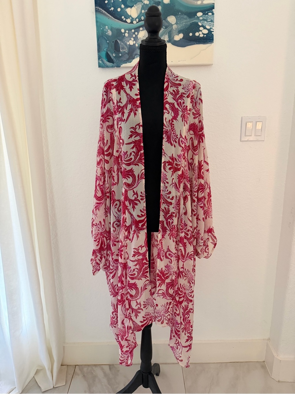 Free People Cream & Pink Floral Draped Kimono Robe